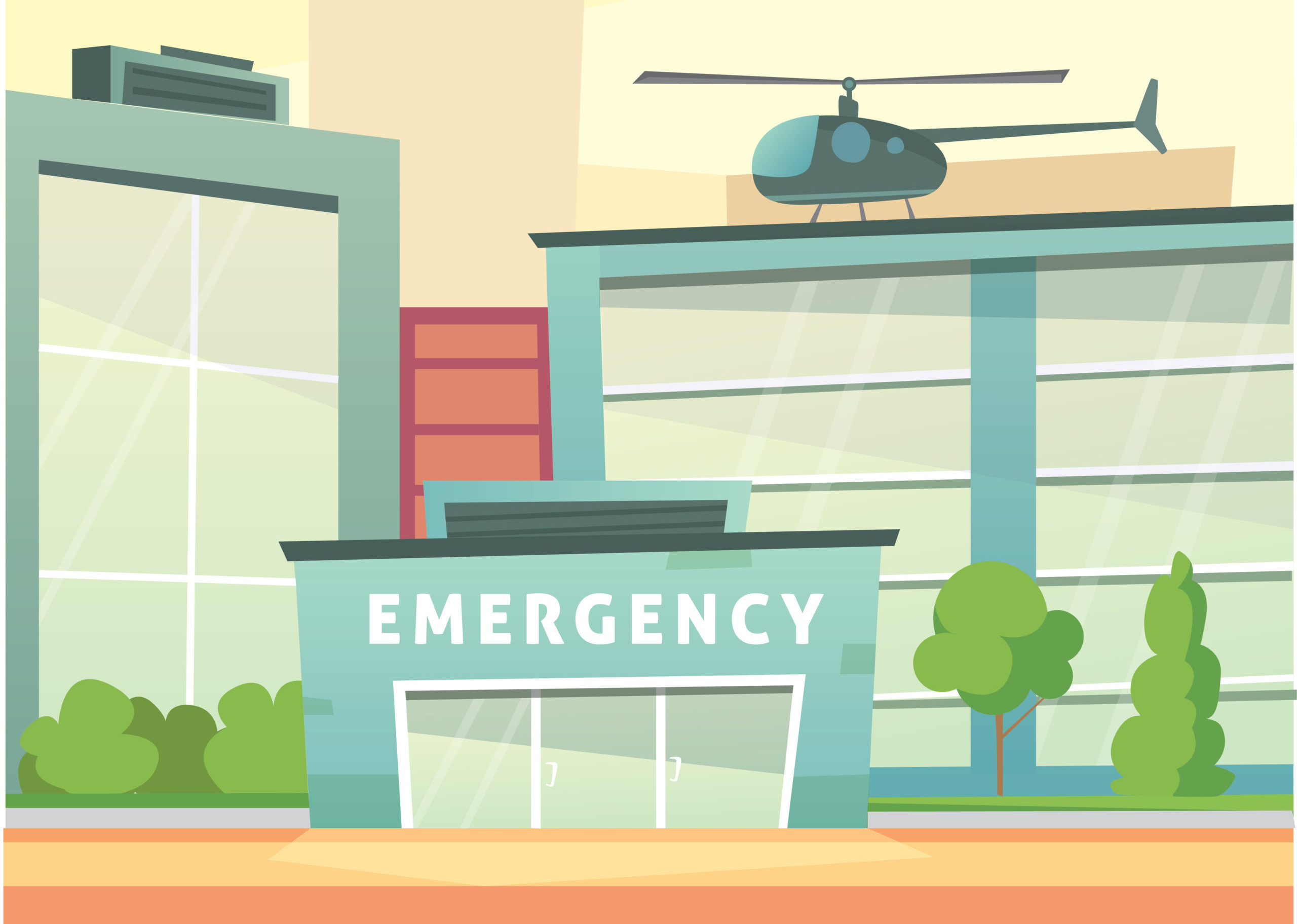 Hospital building cartoon modern vector illustration. Medical Clinic building and city background. Emergency room exterior