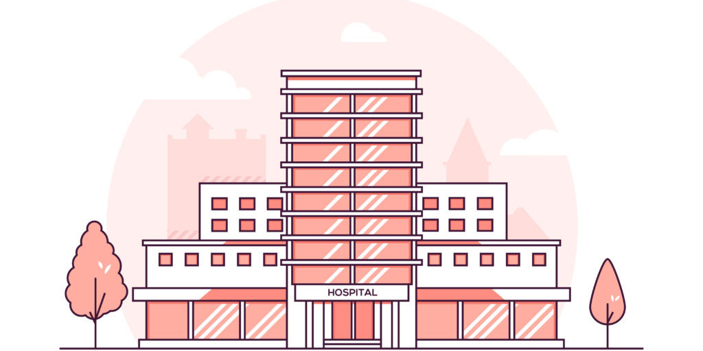 Hospital building - modern thin line design style vector illustration on white urban background. Red colored high quality composition with facade of medical center, trees. City architecture concept