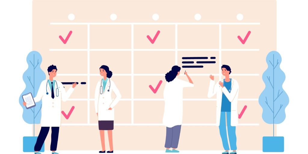 Medical schedule. Doctors work schedule vector illustration. Clinic team, agenda, hospital staff characters. Medical doctor appointment, medicine schedule service