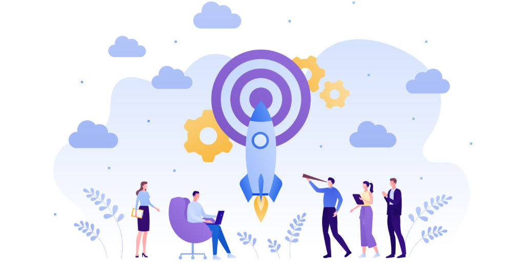 Business startup concept. Vector flat person illustration. Group of male and female employee holding spyglass, laptop, tablet. Rocket hit target. Design element for banner, background