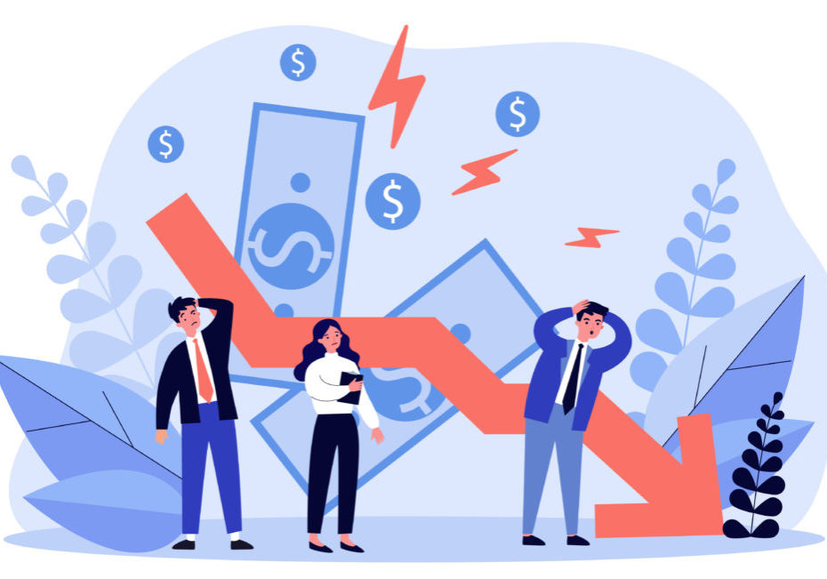 People facing financial crisis and loss. Business people upset about recession, economy problems. Vector illustration for bankruptcy, decrease, company failure, debt concept