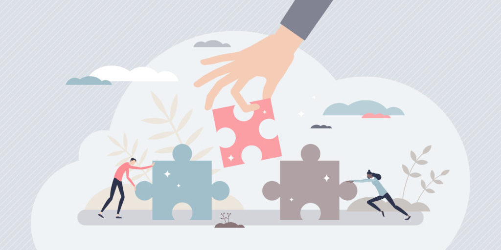 Find solution as fitting together jigsaw puzzle pieces tiny person concept. Collaboration, teamwork and work support for problem solving vector illustration. Business matching with assistance and help